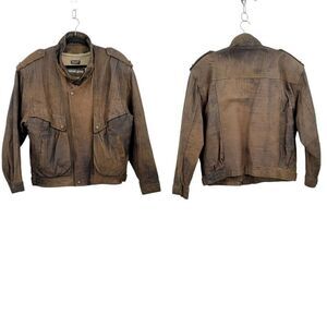 Vintage 80's Leather Jacket Flight Bomber Maverick‎ Top Gun Distressed Brown XL